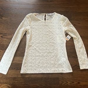 1.State Ivory Lace Sheer Blouse Ruffle Shoulder Detail Long Sleeve